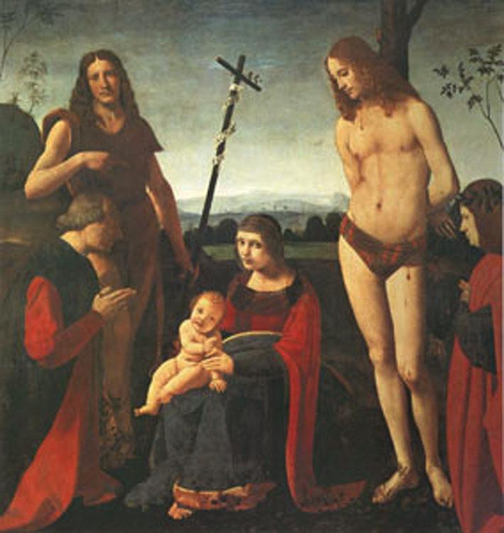 BOLTRAFFIO, Giovanni Antonio The Virgin and Child with Saints John the Baptist and Sebastian Between Two Donors (mk05) Sweden oil painting art